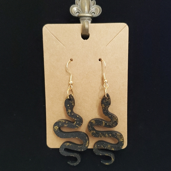 Snake Earrings Lightweight Black Gold Dangle - Picture 2 of 6